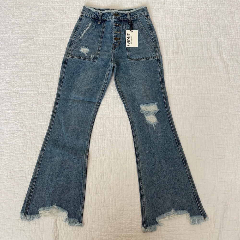 EVIDNT Saint-Denis Flare Distressed High Rise Jeans Blue Denim Button Fly NWT 25